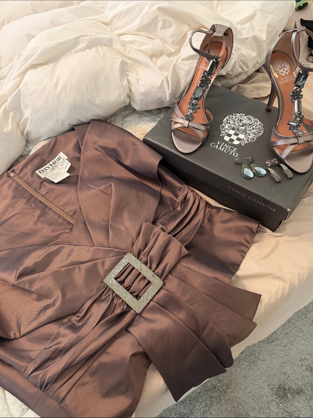 Vince Camuto Metallic Taupe Jeweled T-Strap Heels